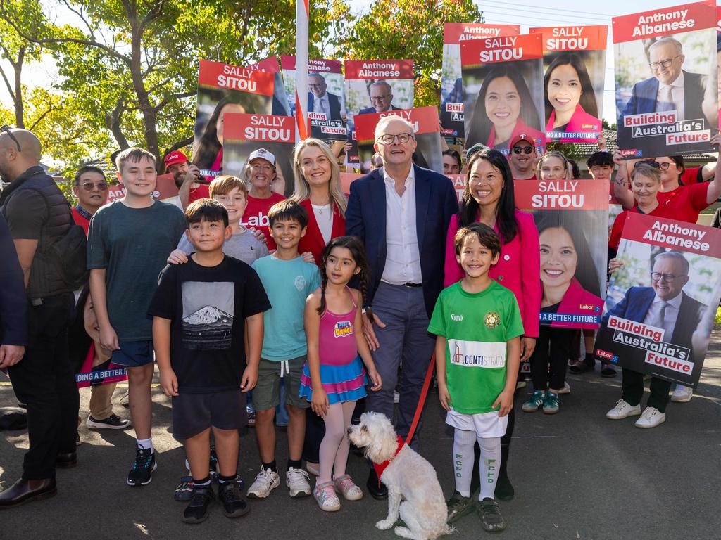 Prime Minister Anthony Albanese in Five Dock which is in the electorate of Reid, Jodie and Member for Reid, Sally Sitou. Picture: Jason Edwards / NewsWire