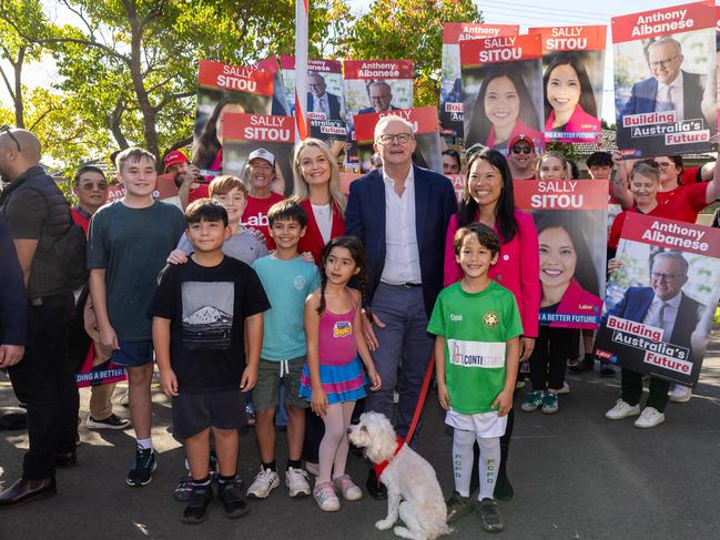 Prime Minister Anthony Albanese in Five Dock which is in the electorate of Reid, Jodie and Member for Reid, Sally Sitou. Picture: Jason Edwards / NewsWire