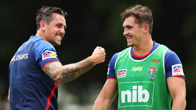 Connor Watson (R) will look to lock down a starting spot in the halves with Mitchell Pearce (L) at the Knights. Picture: Brett Costello