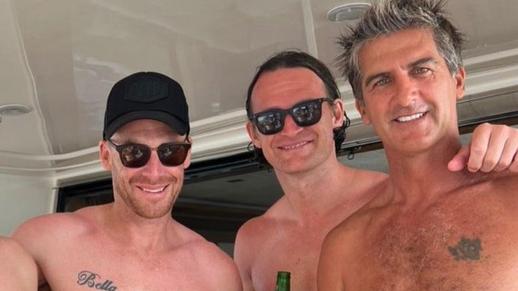 Simon Goodwin (left) with Xavier Campbell and Rick Olarenshaw in Bali. Picture: Instagram