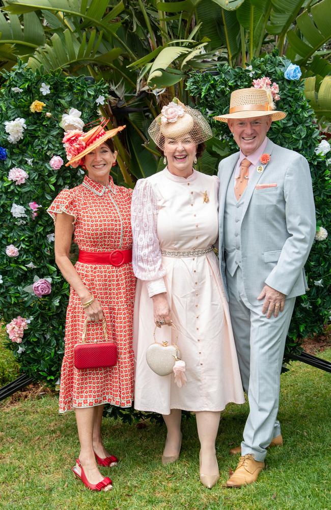 Tracey Scovell (left) with Catherine and Paul Johnston. IEquine Toowoomba Weetwood Raceday - Clifford Park Saturday September 28, 2024 Picture: Bev Lacey