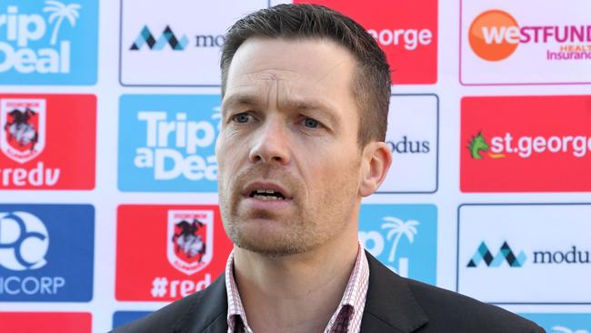 St George Illawarra CEO, Ryan Webb  announcing coach, Paul McGregorÃs departure as head coach of the club at WIN Stadium Thursday August 13, 2020.(DAILY TELEGRAPH/Simon Bullard)