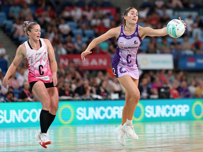 SYDNEY, AUSTRALIA - MARCH 24: Sasha-May Flegler of the Firebirds regains posession during the 2024 Suncorp Team Girls Cup match between the Thunderbirds and the Firebirds at Ken Rosewall Arena on March 24, 2024 in Sydney, Australia. (Photo by Mark Metcalfe/Getty Images for Netball Australia)