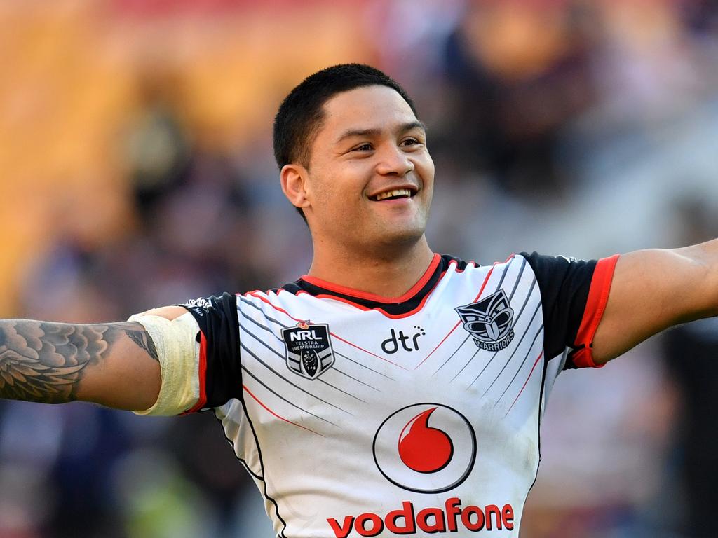 Issac Luke of the Warriors celebrates at full time after winning the Round 18 NRL match between the Brisbane Broncos and the Warriors at Suncorp Stadium in Brisbane, Sunday, July 15, 2018. (AAP Image/Darren England) NO ARCHIVING, EDITORIAL USE ONLY