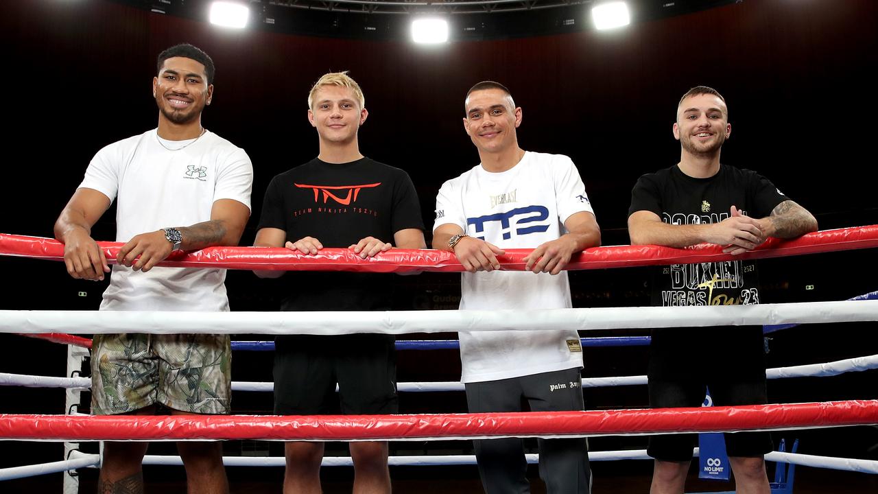 (From left): Paulo Aokuso, Nikita Tszyu, Tim Tszyu and Sam Goodman will feature on the fight card at Qudos Bank Arena. Picture: No Limit/Gregg Porteous