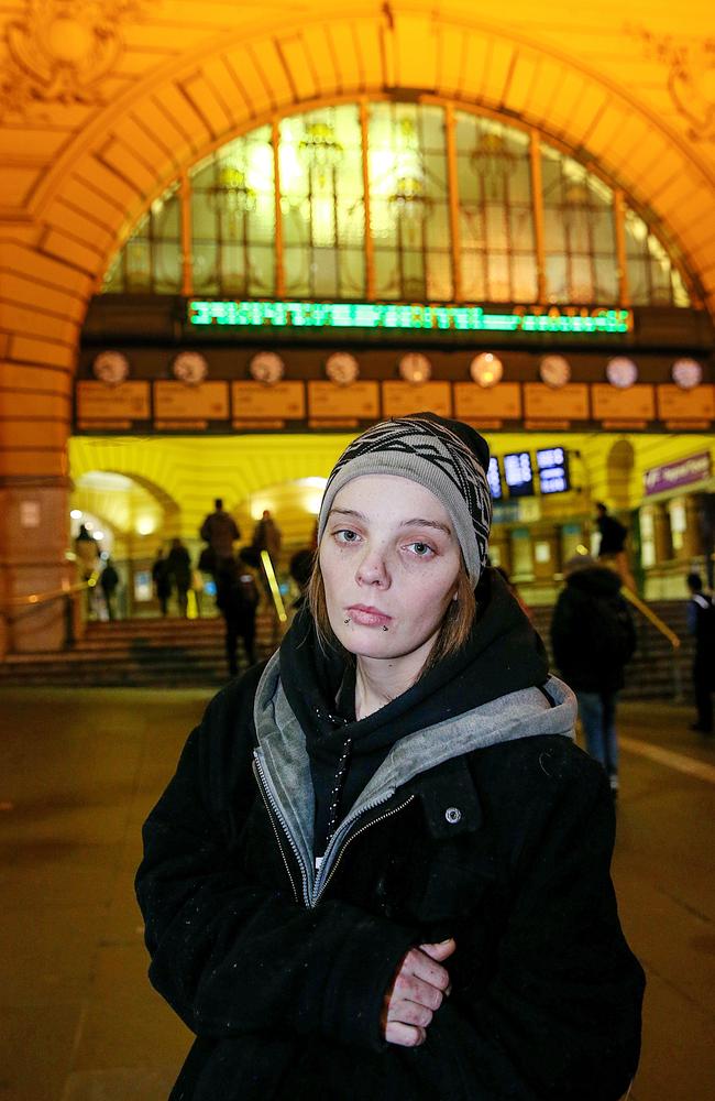 Homeless Bianca is pictured on the corner of Swanston and Flinders Streets. Picture: Ian Currie