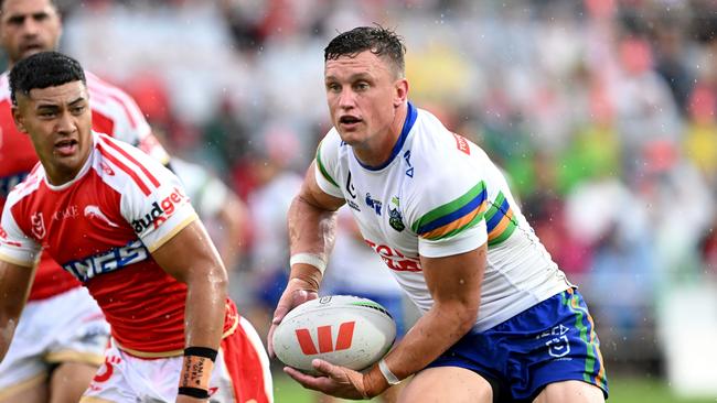 BRISBANE, AUSTRALIA - MARCH 11: Jack Wighton of the Raiders runs with the ball during the round two NRL match between the Dolphins and the Canberra Raiders at Kayo Stadium on March 11, 2023 in Brisbane, Australia. (Photo by Bradley Kanaris/Getty Images)