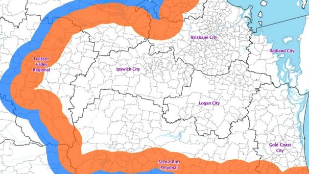 The "horseshoe" map showing the containment zone for stopping the spread of fire ants from the Gold Coast.