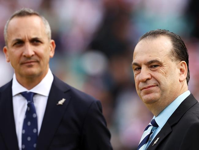 SYDNEY, AUSTRALIA - APRIL 25:  Andrew Abdo the Chief Executive Officer of the National Rugby League and Peter V'landys the Chairman of the Australian Rugby League Commission are seen as they wait to take part in the pre-game ANZAC ceremony before  the round seven NRL match between the St George Illawarra Dragons and the Sydney Roosters at Sydney Cricket Ground, on April 25, 2022, in Sydney, Australia. (Photo by Mark Kolbe/Getty Images)