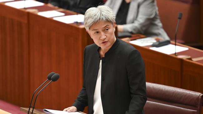 Foreign Minister Penny Wong speaks in the Senate at Parliament House in Canberra. Picture: NCA NewsWire / Martin Ollman