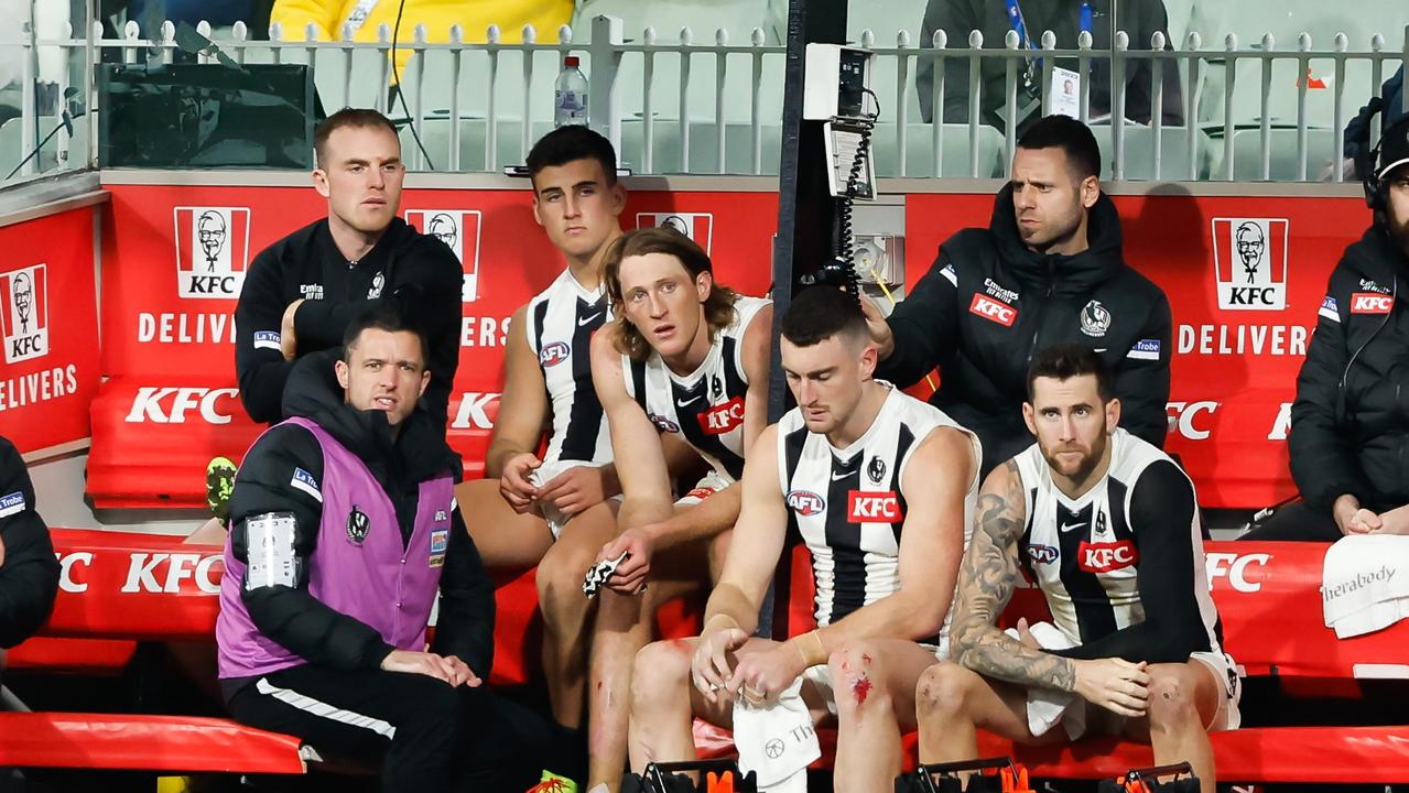 Daicos (back, second left) is set to miss six weeks. (Photo by Dylan Burns/AFL Photos via Getty Images)