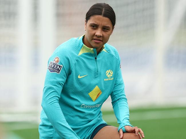 BRISBANE, AUSTRALIA - JULY 17: Sam Kerr during an Australia Matildas training session ahead of the FIFA Women's World Cup Australia & New Zealand 2023 Group B match between Australia and Ireland at Queensland Sport and Athletics Centre on July 17, 2023 in Brisbane, Australia. (Photo by Chris Hyde/Getty Images)