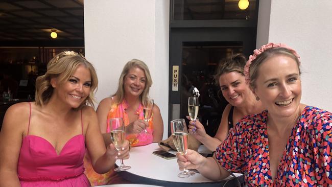 (Left to right) Amanda Walkaden, Manly Vale, Lauren Hannam, Manly, Claire Savage, Manly Vale and Virginia Hanson, Curl Curl at Manly's Hotel Steyne for the 2022 Melbourne Cup event. Picture: Jim O'Rourke