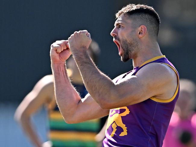 Collegians’ David Mirra celebrates a goal during the VAFA Premier Division Grand Final between Collegians and St Kevin's at Elsternwick Park in Brighton. Picture: Andy Brownbill