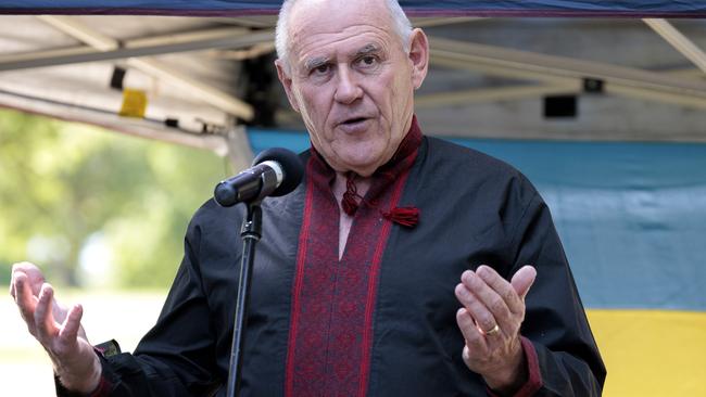 Stefan Romaniw speaking at a vigil for Ukraine in Melbourne last month. Picture: David Geraghty