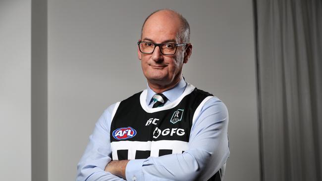 David Koch, Port Adelaide chairman, wearing the clubs black and white striped guernsey. The fight between Port Adelaide and Collingwood football clubs has heated up today with the fight over the wearing of the black and white guernsey referred to the AFL's legal department. Picture: Jonathan Ng