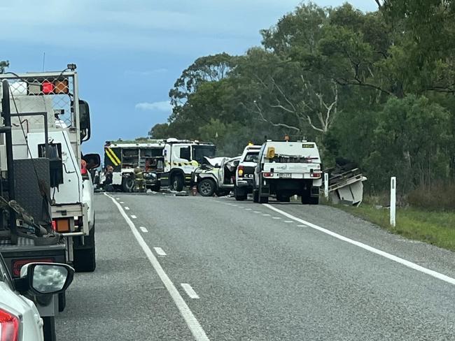 Aftermath of Peak Downs Highway crash outside the South Walker Creek mine which injured four people, including a woman who suffered potentially life threatening injuries on December 12, 2024. Picture: Supplied