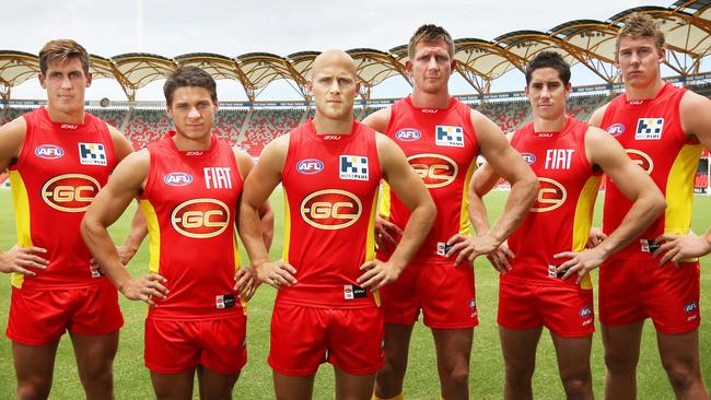 The Suns’ leadership team ahead of 2014 … David Swallow, Dion Prestia, Gary Ablett, Nathan Bock, Michael Rischitelli and Tom Lynch. Picture: Brendan Radke.