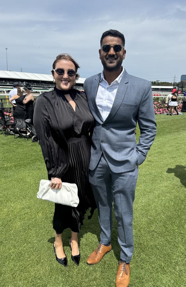 Rebecca Fuller and Ian D'Santos at Flemington for Derby Day on November 2, 2024. Picture: Phillippa Butt