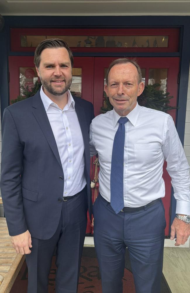 Former Australian prime minister Tony Abbott meets with incoming US Vice President JD Vance. Picture: X