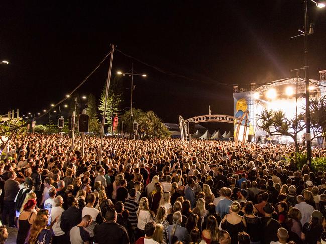 Crowds in front of the Surfers Paradise LIVE Festival's main stage, on the beachfront looking down Cavill Mall, on Saturday night. Picture: Surfersparadise.com