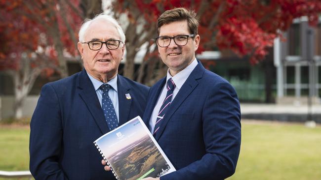 Mayor Paul Antonio (left) and deputy Mayor Geoff McDonald after delivering the Toowoomba Regional Council budget, Tuesday, June 6, 2023. Picture: Kevin Farmer