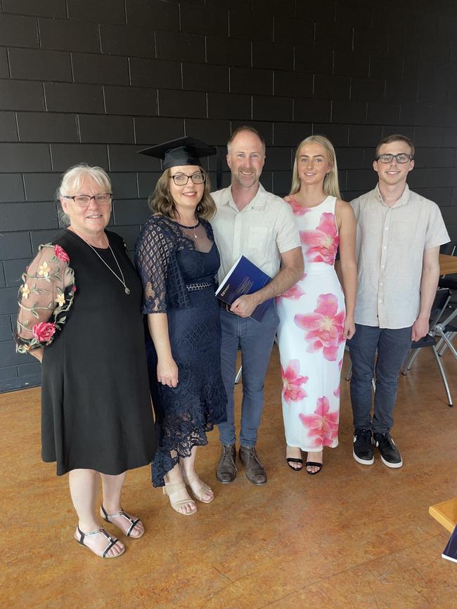 Jill Elmer, Penella Elmer (Bachelor of Biomedical Science), Daniel Arndt, Mady Arndt and Riley Arndt at the Federation University Churchill Campus graduations on Tuesday, March 25, 2025. Picture: Jack Colantuono