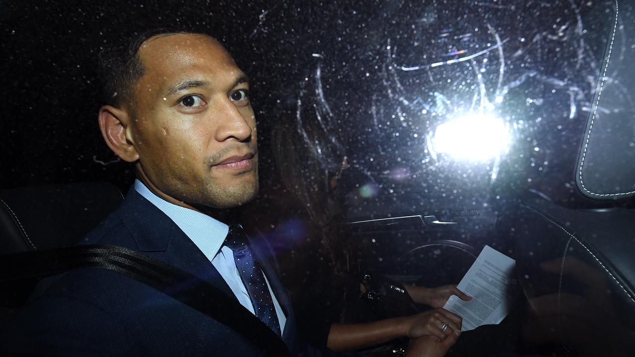 Folau leaving a Rugby Australia Code of Conduct hearing in Sydney, Tuesday, May 7, 2019. (AAP Image/Joel Carrett)