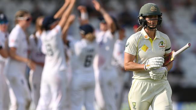 Ellyse Perry reacts after being dismissed for 99. Photo by Stu Forster/Getty Images