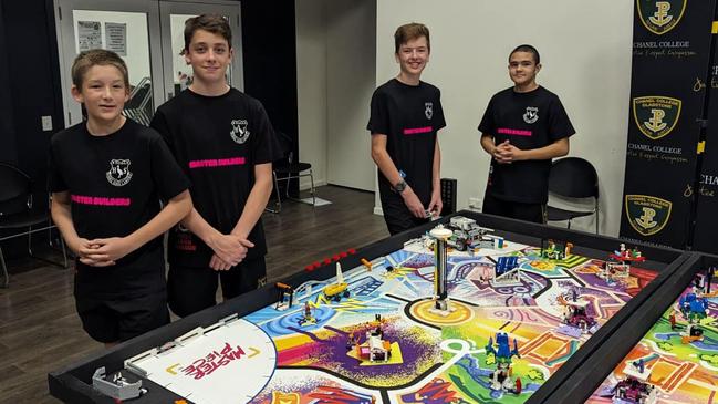 Kyogle High School students Lucas Marychurch, Xavier Mazouin, Ewan Wilkie and Michael Hawthrone at the Gladstone challenge of Lego League.