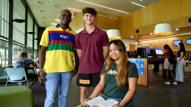 New James Cook University students Timothy Rono, Hunter Dawson and Ellianna Quilala are excited about their university futures. Picture: Evan Morgan