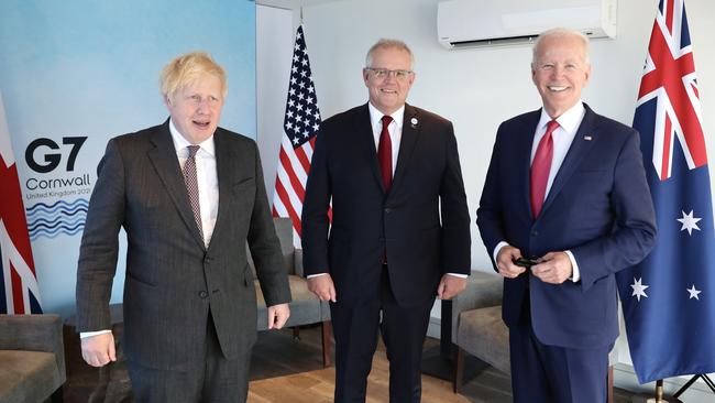 Scott Morrison meets Boris Johnson and Joe Biden during the G7 Leaders meeting in Cornwall in June. Picture: Adam Taylor/PMO