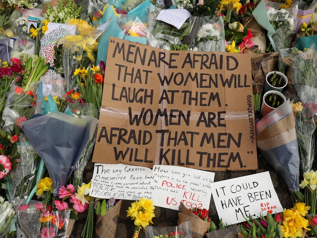 Floral tributes and messages are placed in tribute to the 33-year-old marketing executive at Clapham Common, near to where she was abducted. Picture: Dan Kitwood/Getty Images