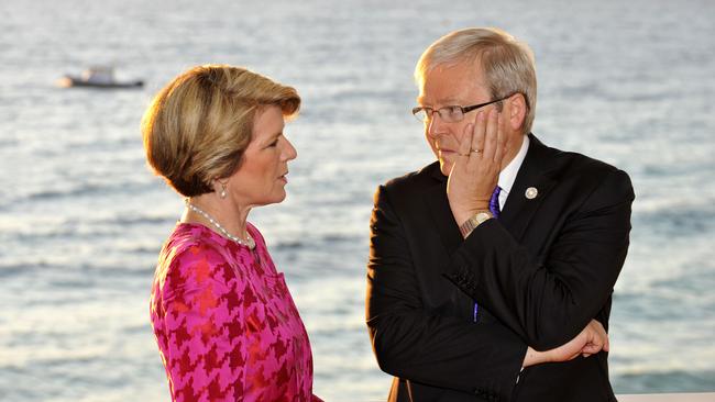 Kevin Rudd and Foreign Minister Julie Bishop. Picture: Justin Benson-Cooper