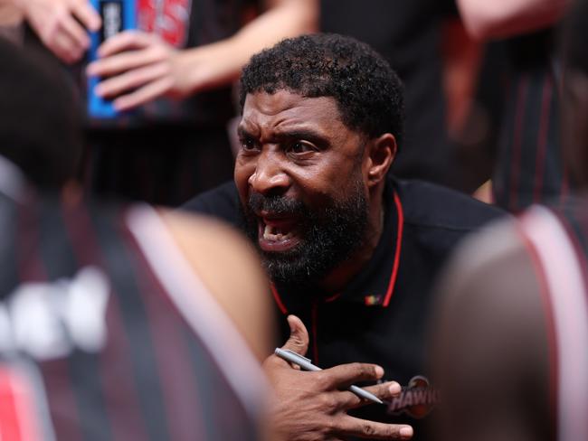 WOLLONGONG, AUSTRALIA - JANUARY 18:  Hawks head coach Justin Tatum talks to players during a time out during the round 16 NBL match between Illawarra Hawks and Cairns Taipans at WIN Entertainment Centre, on January 18, 2024, in Wollongong, Australia. (Photo by Mark Metcalfe/Getty Images)