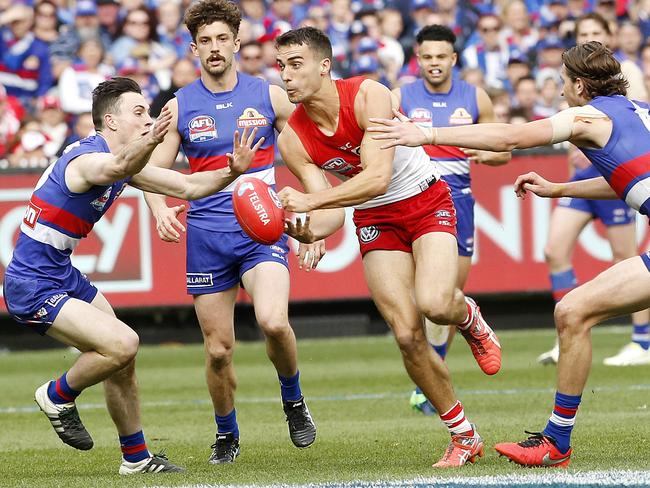 Xavier Richards dishes off a handball during the 2016 AFL grand final. Picture: David Caird