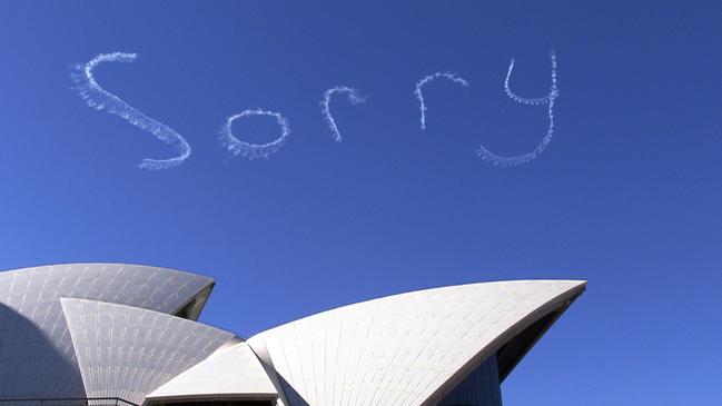 A famous image by Rob Griffith of AP of the word ‘Sorry’ emblazoned in the sky over the Sydney Opera House.