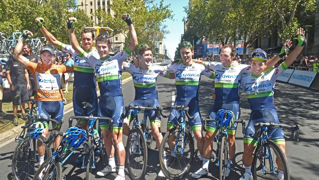 24/01/16 - Orica GreenEDGE team mates celebrate Simon Gerrans (left) winning the 2016 Tour Down Under in Adelaide. Photo Tom Huntley