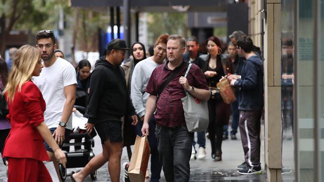 Pitt Street Mall in Sydney was alive with shoppers as COVID-19 restrictions eased. Picture: David Swift