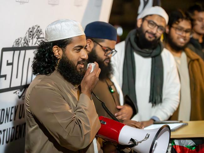 Leaders of the Sydney University Muslim Students’ Association hold a press conference after reaching an agreement with the university to dismantle the Palestine protest camp. Picture: Thomas Lisson