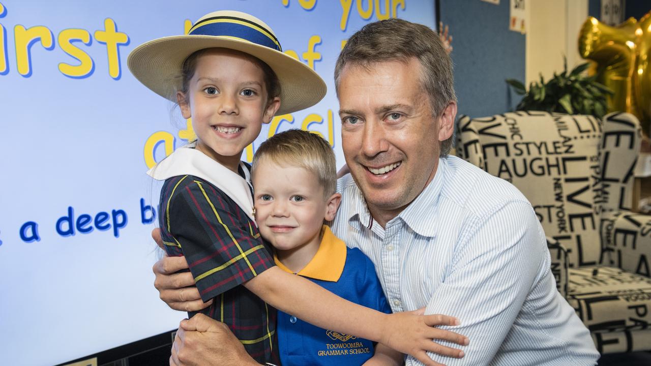 Toowoomba Grammar School Prep student Patrick Watson with sister Carmen and dad Joel Watson on the first day of school, Tuesday, January 23, 2024. Picture: Kevin Farmer