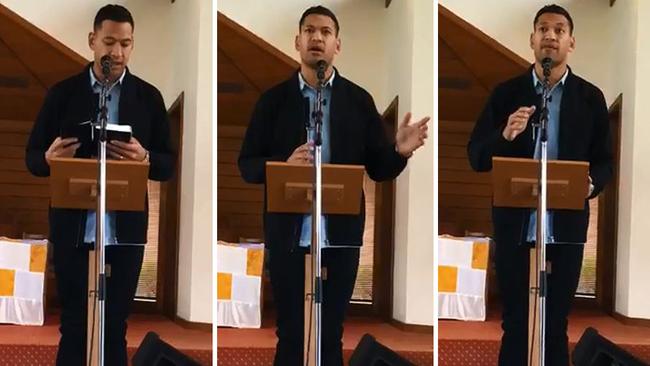 Israel Folau speaks at his church yesterday. Picture: Facebook