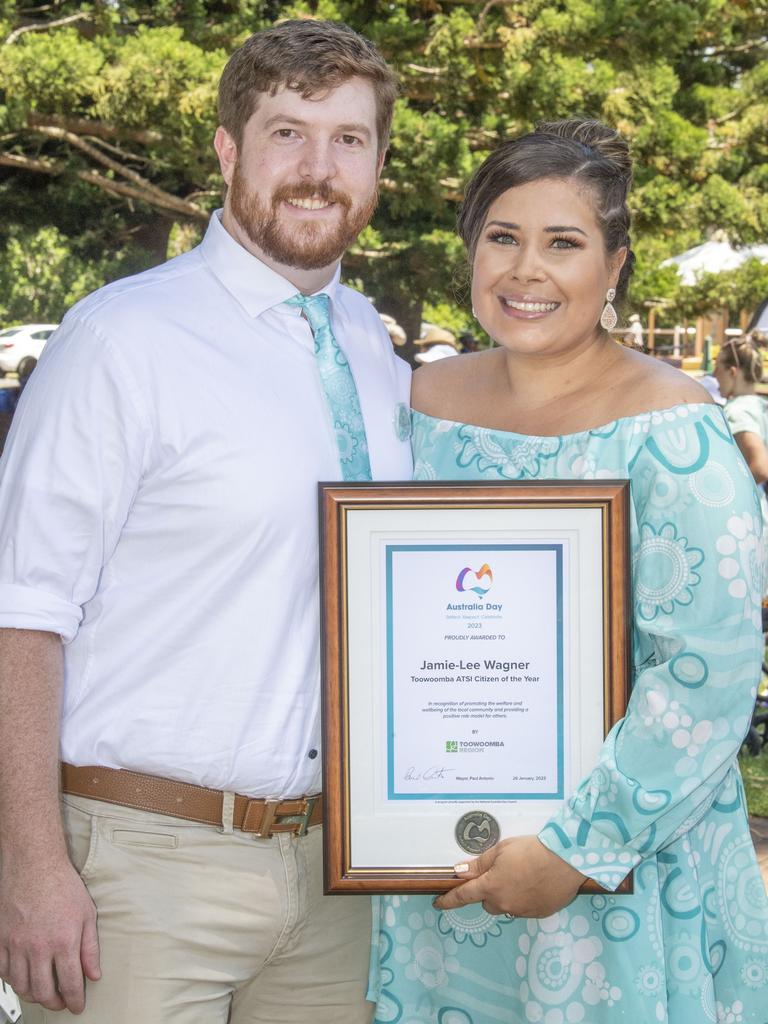 Toowoomba Aboriginal and Torres Strait Islander Citizen of the Year winner Jamie-Lee Wagner with her husband Henry Wagner. Australia Day celebrations at Picnic Point in Toowoomba. Picture: Nev Madsen.