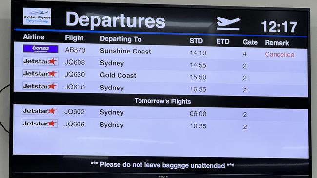 Bonza terminal at Avalon Airport showing the 2.10pm flight to the Sunshine Coast cancelled. Picture: Alison Wynd