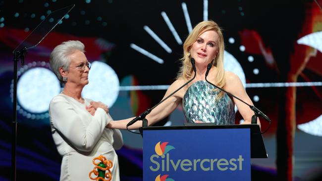 Nicole Kidman accepts the International Star Award from Jamie Lee Curtis onstage during the 36th Annual Palm Springs International Film Awards. Picture: Getty