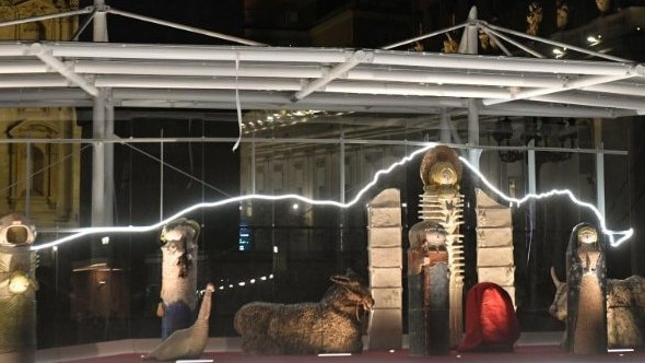 The astronaut, left, in the nativity scene set up by the Vatican in St Peter’s Square. Picture: Vatican Media