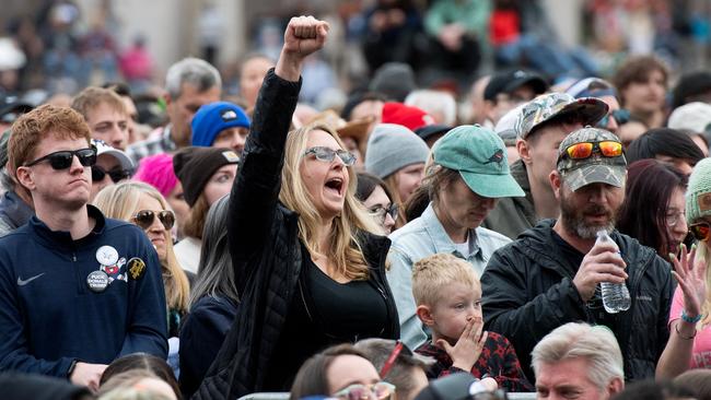 Participants cheer as US Senator Bernie Sanders speaks during a rally. Picture: Jason Connolly/AFP