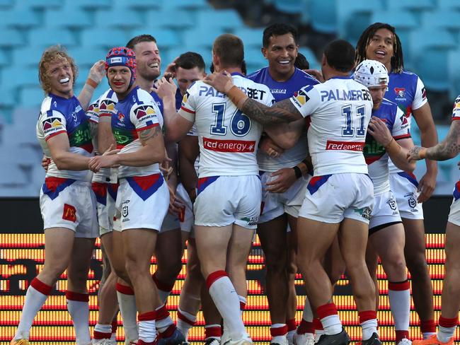 SYDNEY, AUSTRALIA - JULY 02: THe Newcastle Knights celebrate a try during the round 18 NRL match between Canterbury Bulldogs and Newcastle Knights at Accor Stadium on July 02, 2023 in Sydney, Australia. (Photo by Jeremy Ng/Getty Images)