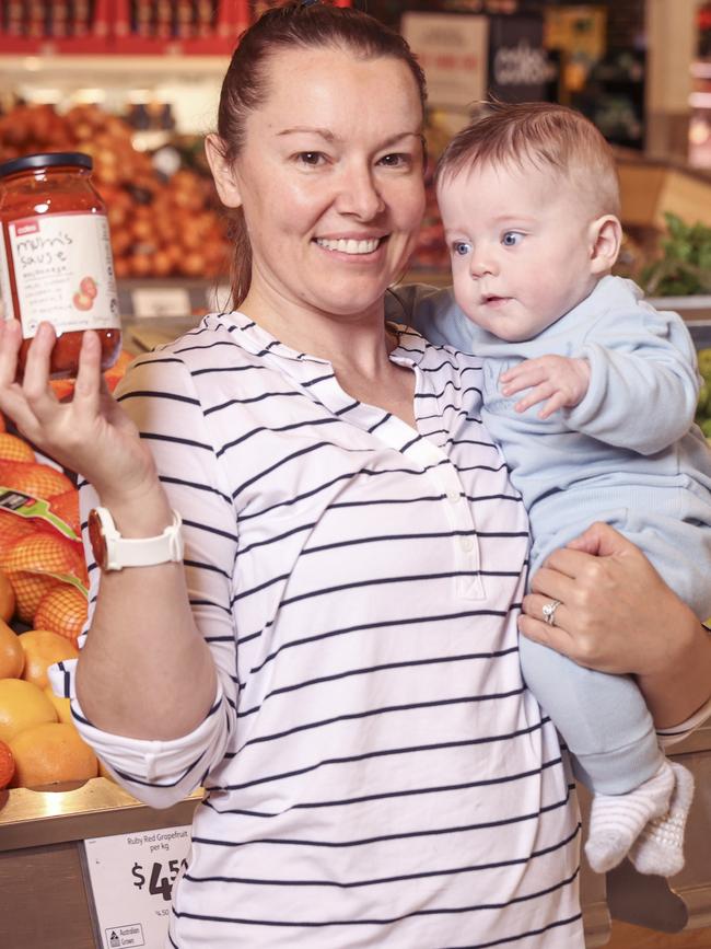 Baby Jye, eight months, with mum Nicky Carroll. Fifty cents from every jar of “Mum’s Sause” brand of pasta or pizza sauce sold at Coles throughout the year goes to a children’s hospital foundation or paediatric service. Picture: supplied