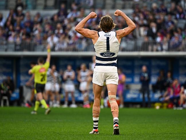 Rhys Stanley celebrates Geelong’s win on the final siren. Picture: Daniel Carson/AFL Photos via Getty Images